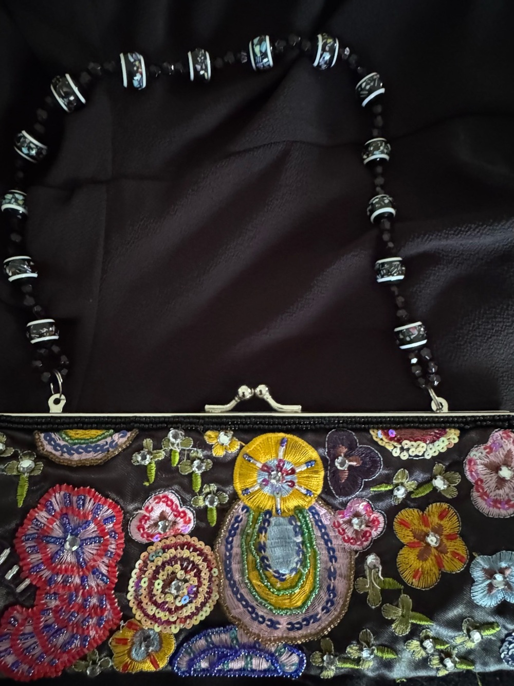 Embroidered Black Floral Evening Clutch 90’s Vintage - Picture 5 of 10